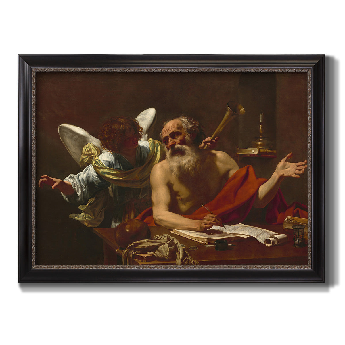 Classical religious painting of Saint Jerome with an angel by Simon Vouet printed on canvas in an ornate black frame with gilded inner detail.
