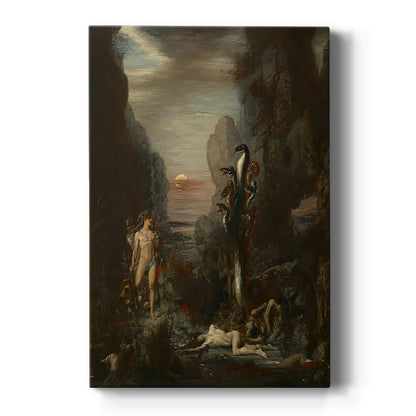 Canvas art print featuring a symbolic scene of a figure battling a multi-headed creature in a dark setting on a clean white background.