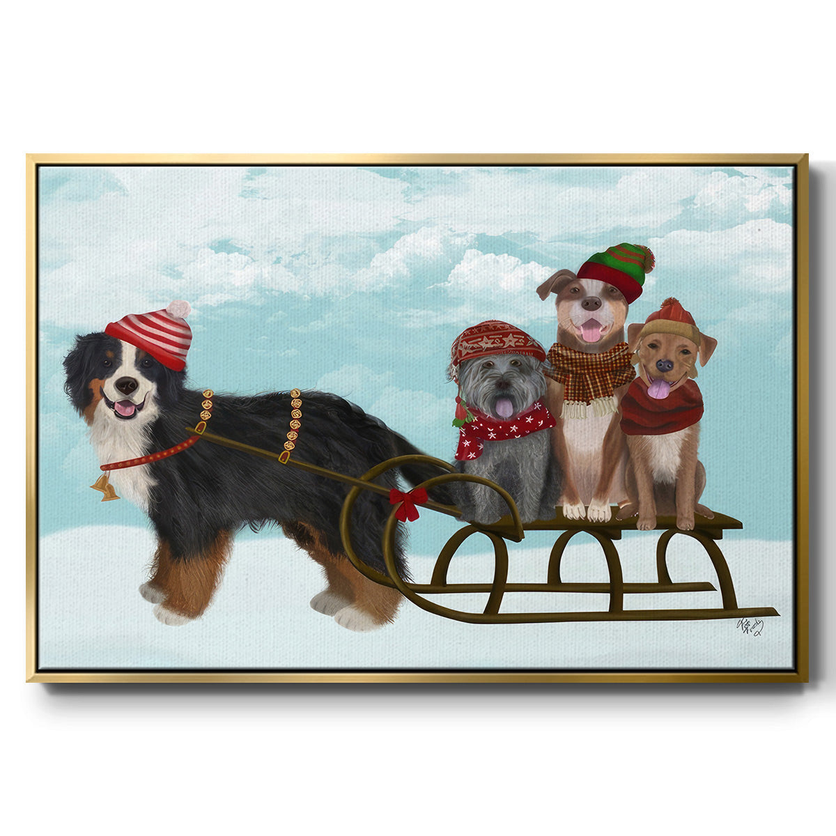 Christmas Mutt Sled - Floater Framed Canvas Print
