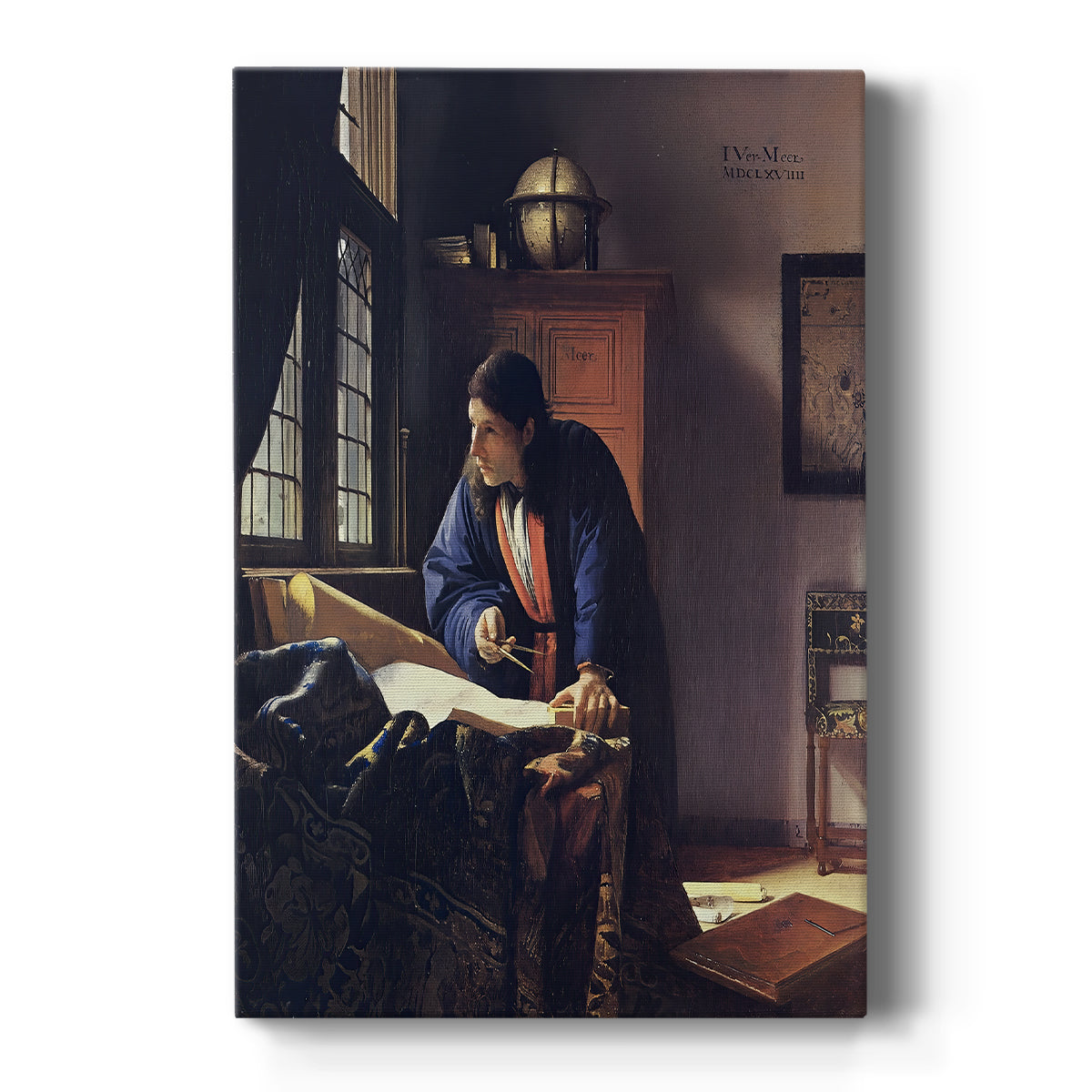 Canvas art print featuring a Baroque interior scene of a man studying maps by window light on a clean white background.