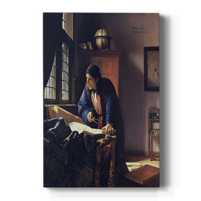 Canvas art print featuring a Baroque interior scene of a man studying maps by window light on a clean white background.