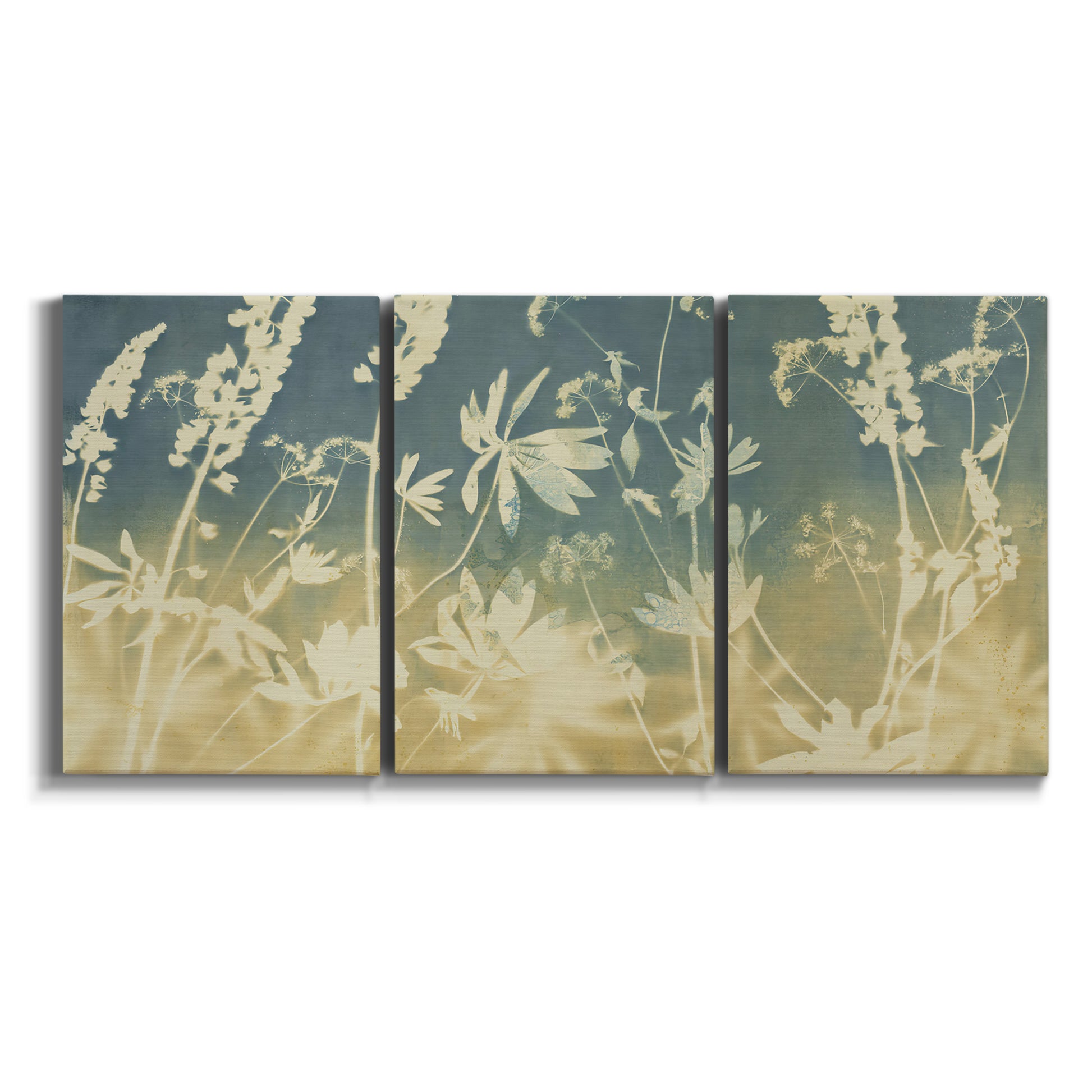 Three-panel canvas wall art featuring lupine flowers in seasonal bloom on white background.
