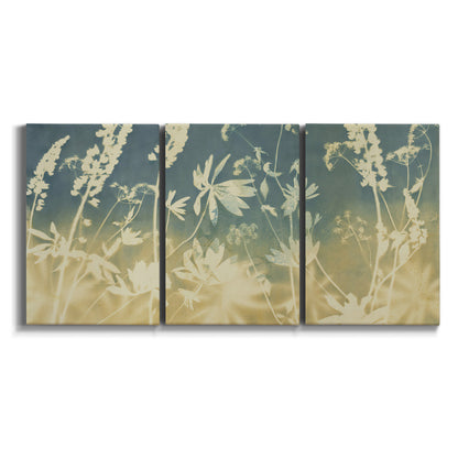 Three-panel canvas wall art featuring lupine flowers in seasonal bloom on white background.