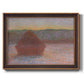 Impressionist haystack sunset scene in winter by Claude Monet printed on canvas in an ornate bronzed mahogany wood frame.