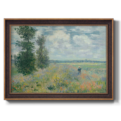 Impressionist poppy field landscape at Argenteuil by Claude Monet printed on canvas in an ornate bronzed mahogany wood frame.