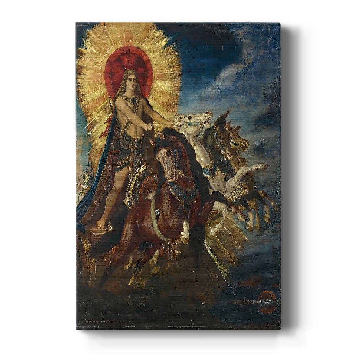 Canvas art print featuring a symbolic scene of a chariot rising with figures in a radiant sky on a clean white background.