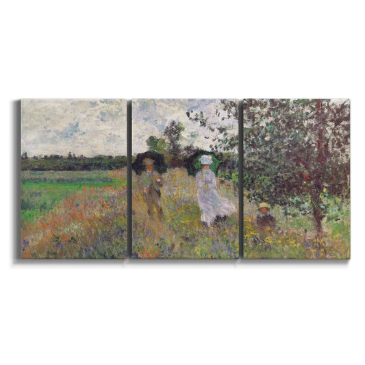 Three-panel canvas wall art featuring figures strolling along riverside promenade on white background.
