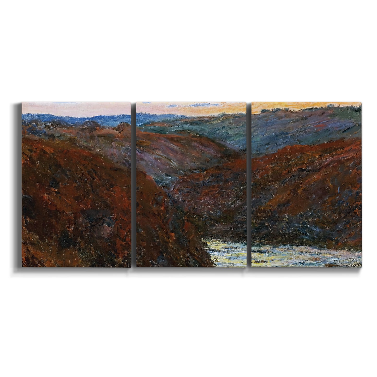 Three-panel canvas wall art featuring impressionist valley landscape on white background.