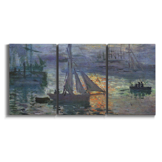 Three-panel canvas wall art featuring soft sunrise over open water on white background.