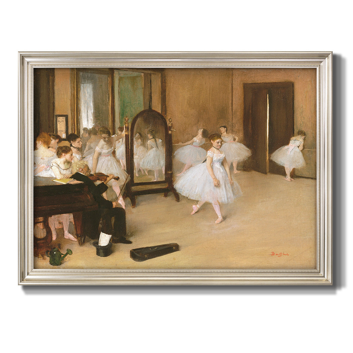 Impressionist dance class interior scene by Edgar Degas printed on canvas in an ornate champagne frame.
