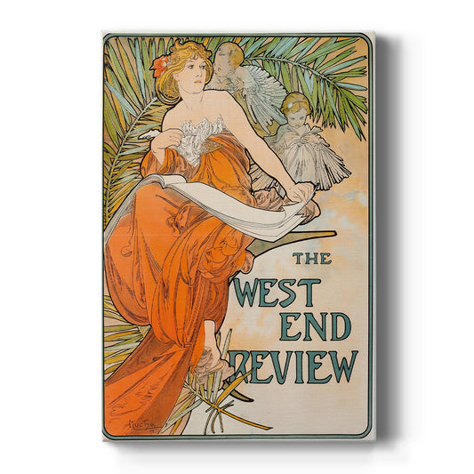 Canvas art print featuring an Art Nouveau poster of a woman with ornate details and publication typography on a clean white background.