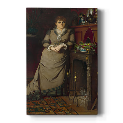 Canvas art print featuring a realistic portrait of a woman in formal attire with a composed expression on a clean white background.