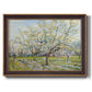 Impressionist white-blossomed orchard landscape by Vincent van Gogh printed on canvas in an ornate bronzed mahogany wood frame.
