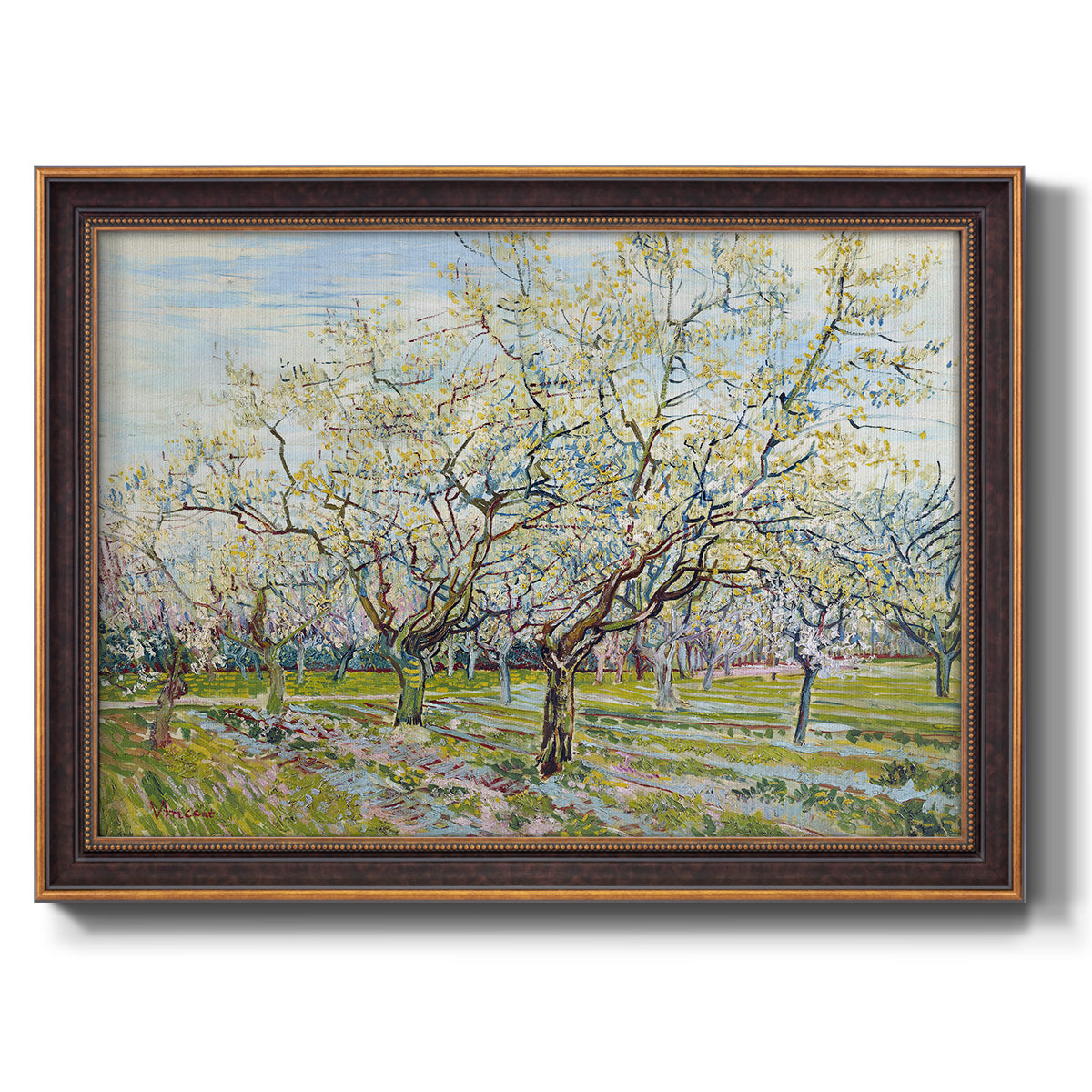 Impressionist white-blossomed orchard landscape by Vincent van Gogh printed on canvas in an ornate bronzed mahogany wood frame.