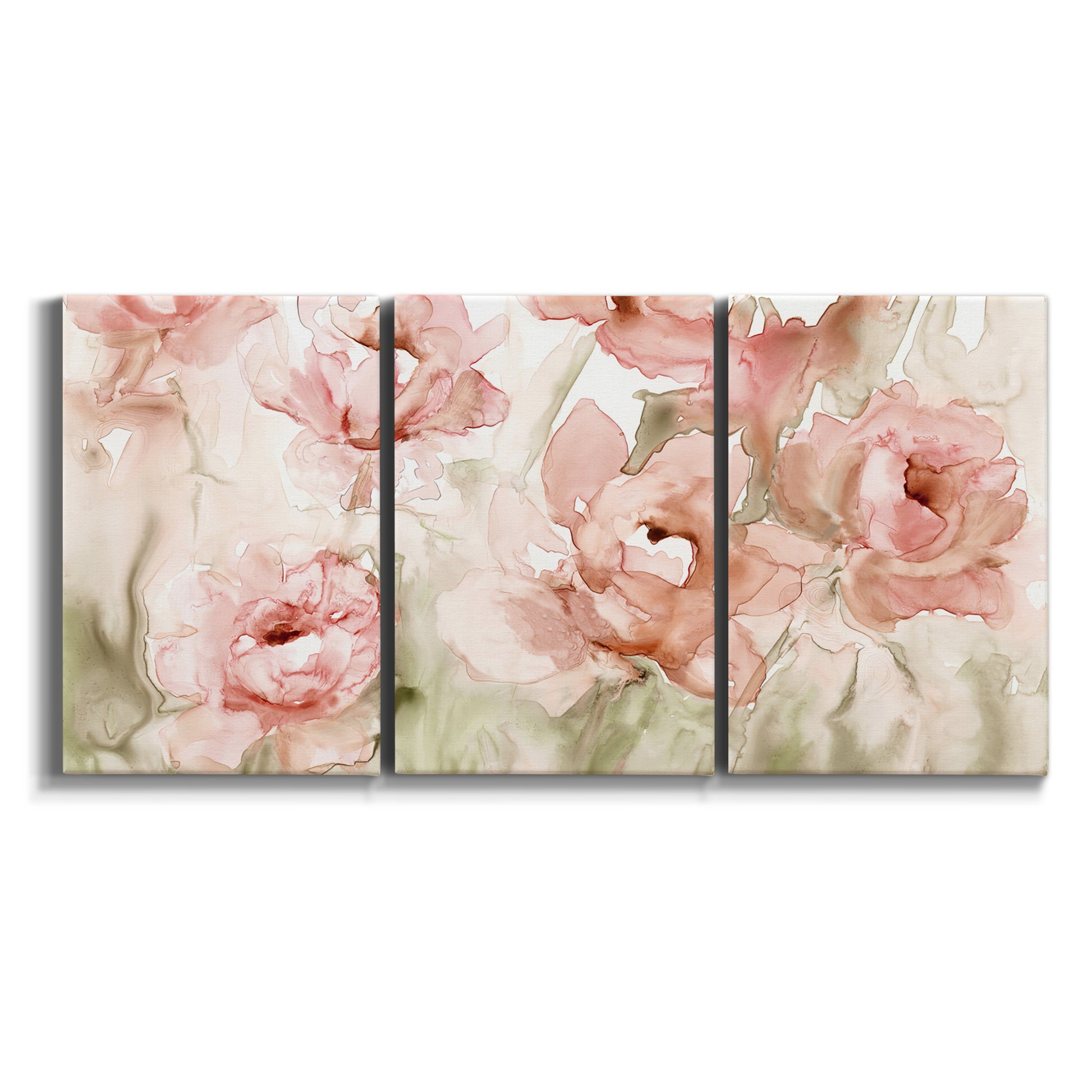 Three-panel canvas wall art featuring spring floral blossoms in bloom on white background.