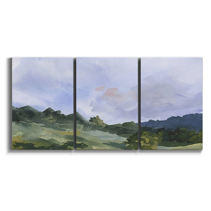Three-panel canvas wall art featuring wide open pastoral horizon landscape on white background.
