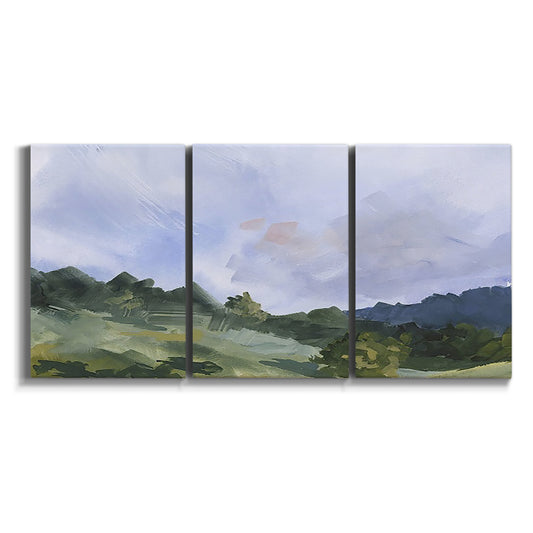 Three-panel canvas wall art featuring wide open pastoral horizon landscape on white background.