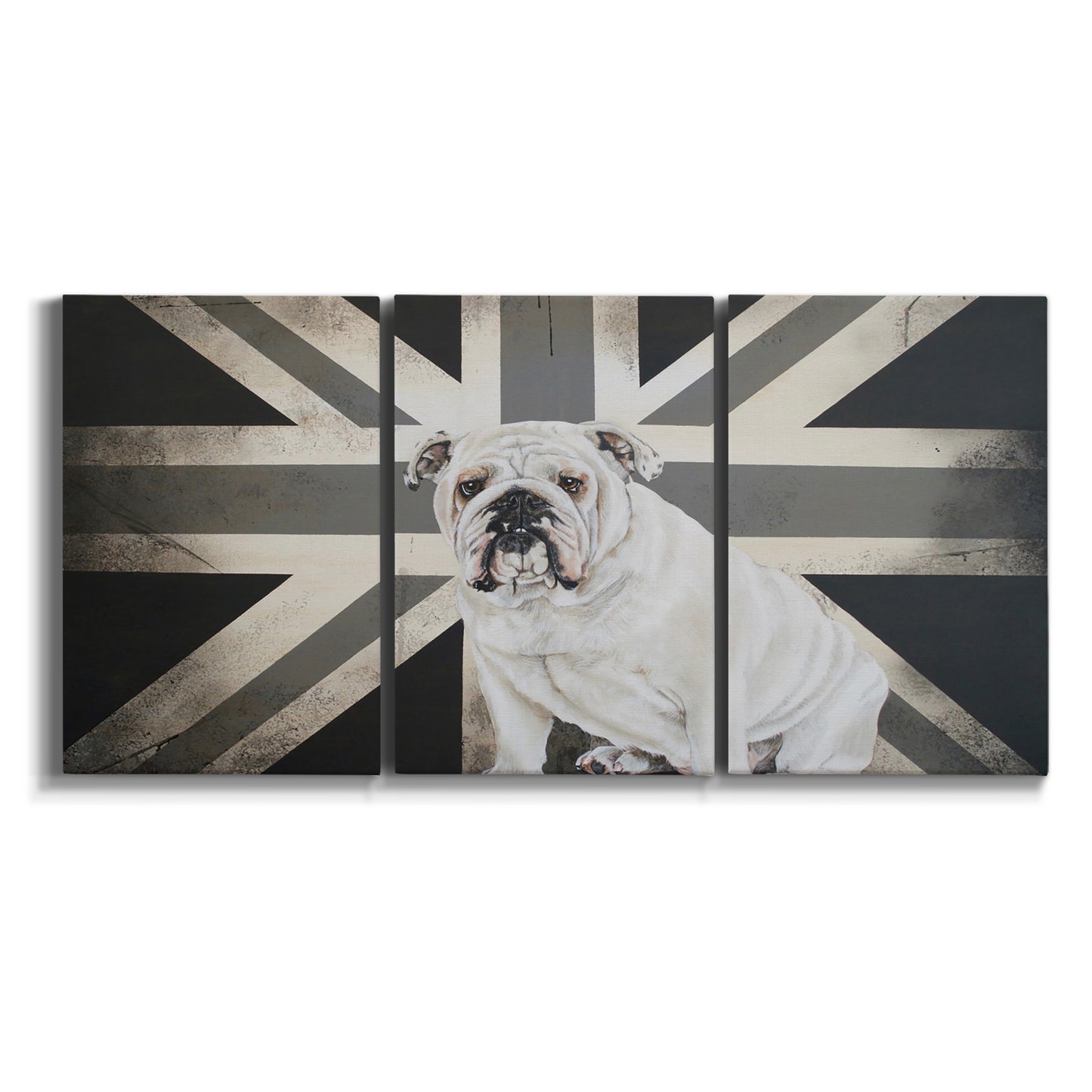 Three-panel canvas wall art featuring black and white animal collage on white background.