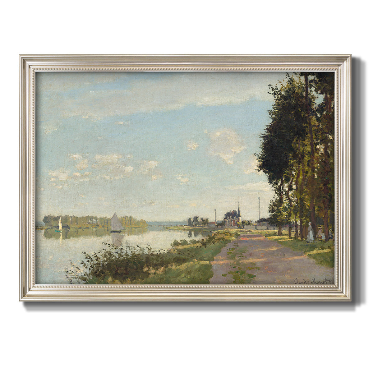 Impressionist river scene with red boats by Claude Monet printed on canvas in an ornate champagne frame.