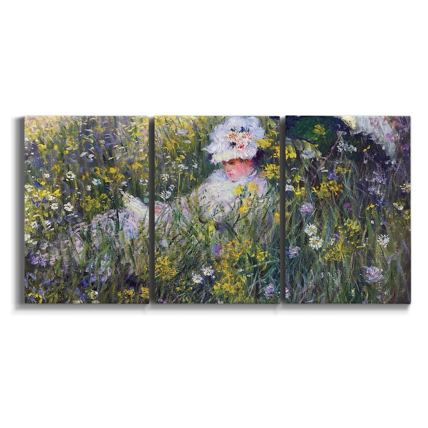 Three-panel canvas wall art featuring woman walking with parasol on white background.