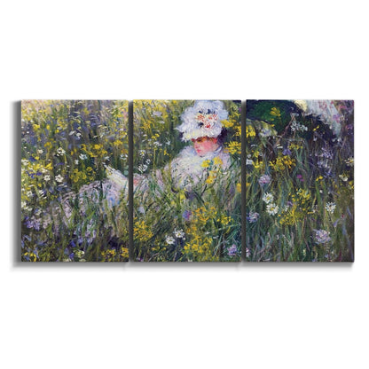 Three-panel canvas wall art featuring woman walking with parasol on white background.