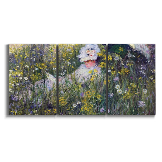 Three-panel canvas wall art featuring woman walking with parasol on white background.