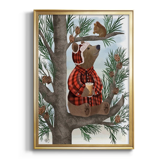 Lumberjack Bear Pine Tree Coffee Break - Modern Framed Canvas Print