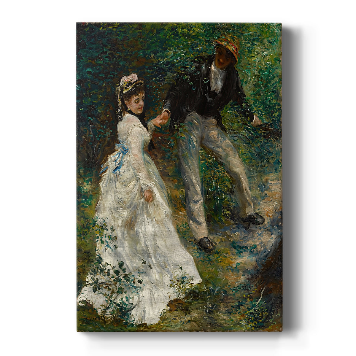 Canvas art print featuring an impressionist scene of figures walking outdoors in a lush landscape on a clean white background.