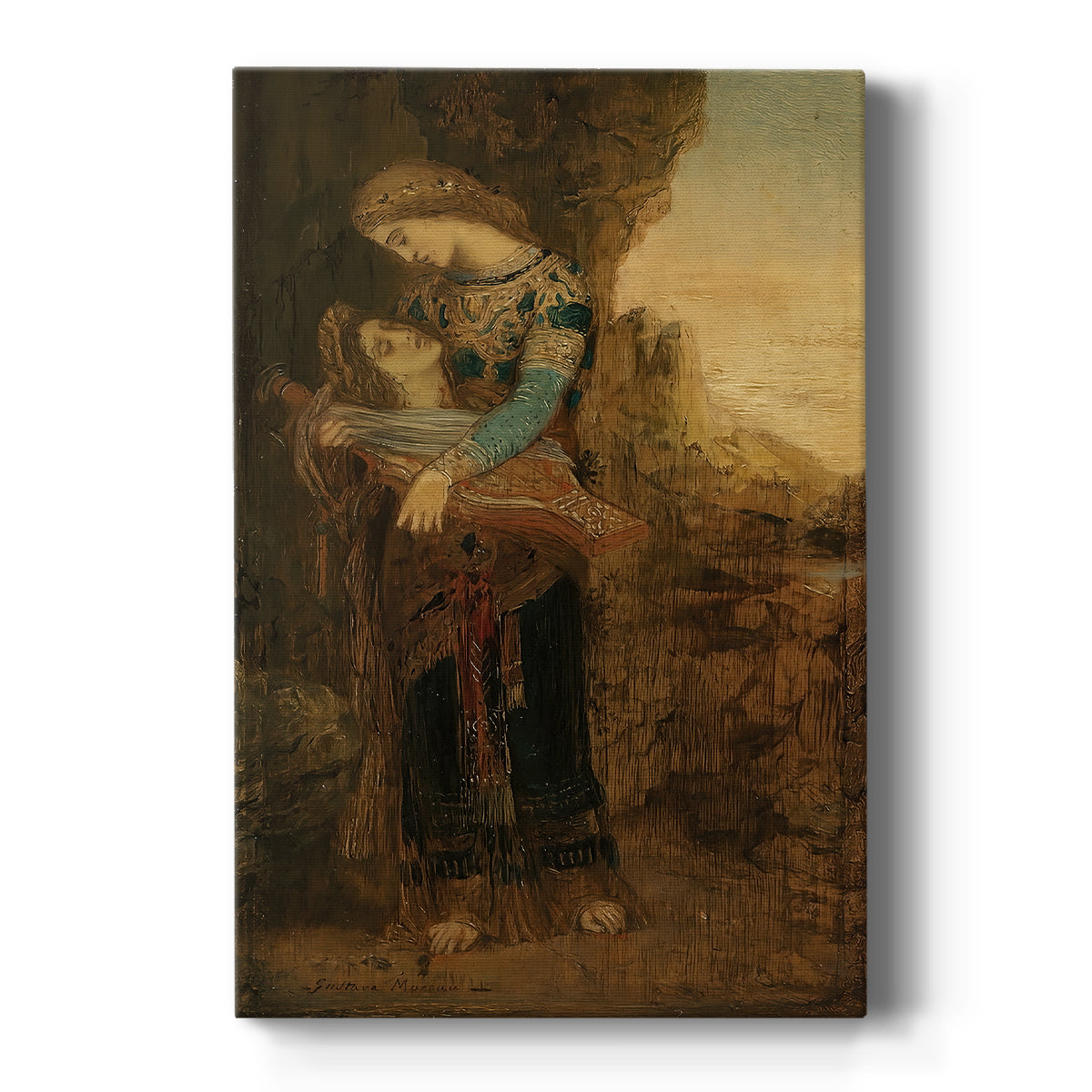 Canvas art print featuring a symbolic scene of a female figure holding the head of Orpheus in soft light on a clean white background.