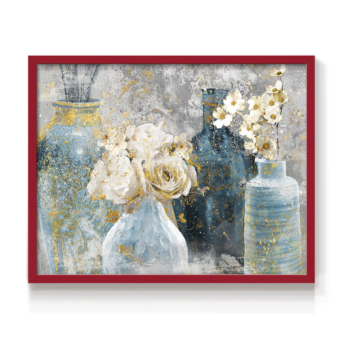 Vessels and Blooms Blues - Restickable Framed Art Print