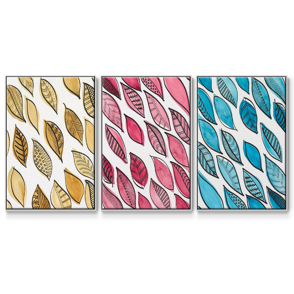 Patterned Leaf Shapes I - Framed Premium Gallery Wrapped Canvas L Frame 3 Piece Set - Ready to Hang