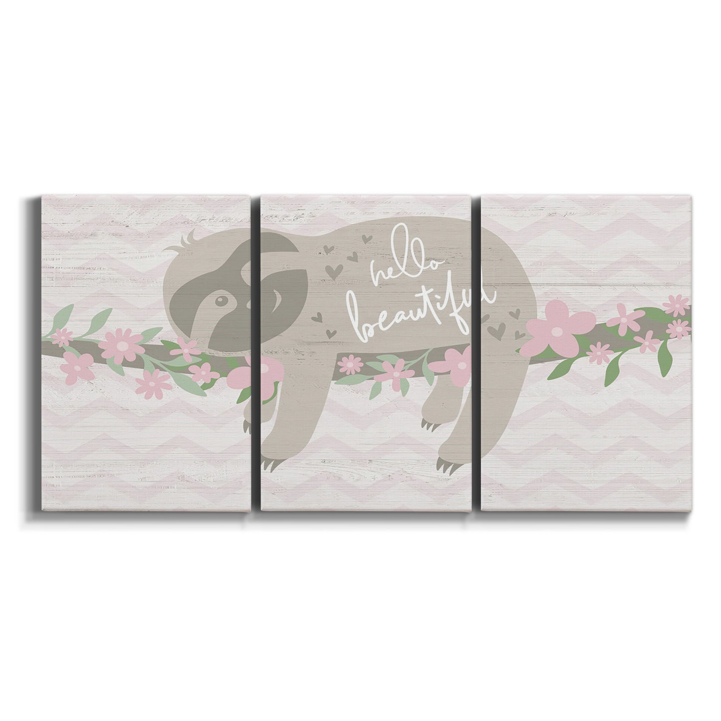 Three-panel canvas wall art featuring sloth with floral decorative elements on white background.