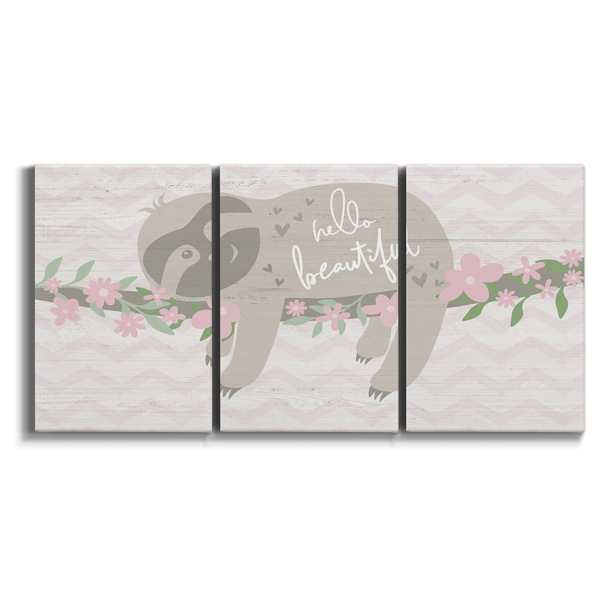 Three-panel canvas wall art featuring sloth with floral decorative elements on white background.