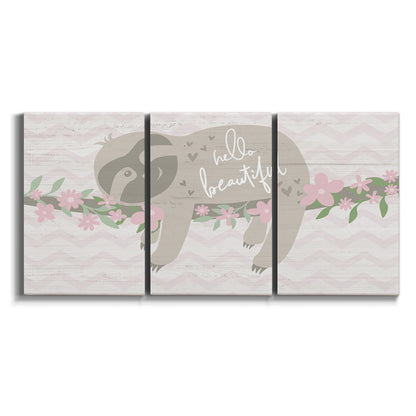 Three-panel canvas wall art featuring sloth with floral decorative elements on white background.