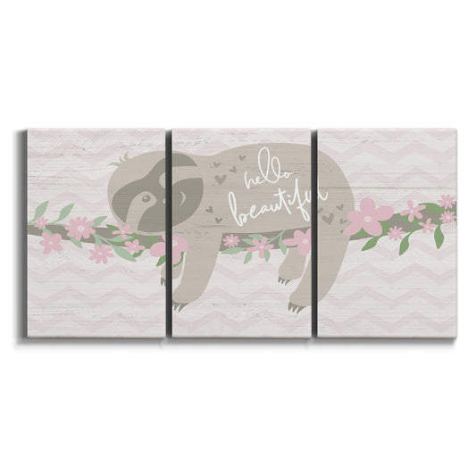 Three-panel canvas wall art featuring sloth with floral decorative elements on white background.