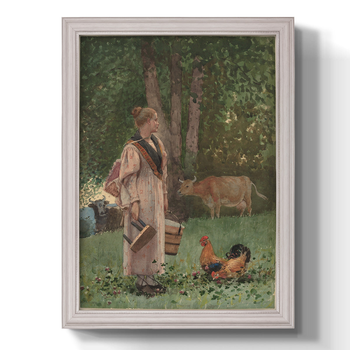 Realist genre scene of a milkmaid by Winslow Homer printed on canvas in an ornate weathered white frame with a vertical orientation.