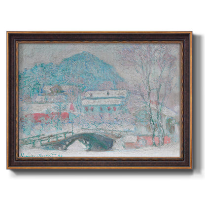 Impressionist coastal village landscape in Norway by Claude Monet printed on canvas in an ornate bronzed mahogany wood frame.