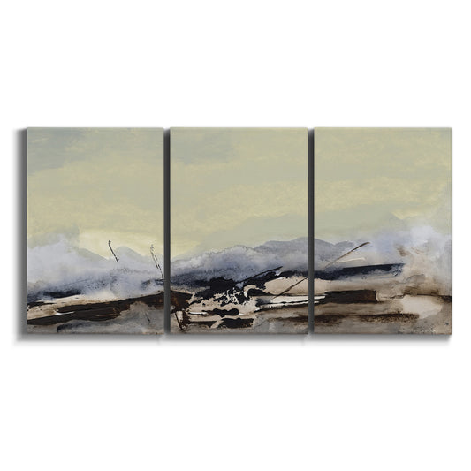 Three-panel canvas wall art featuring subtle abstract horizon composition on white background.