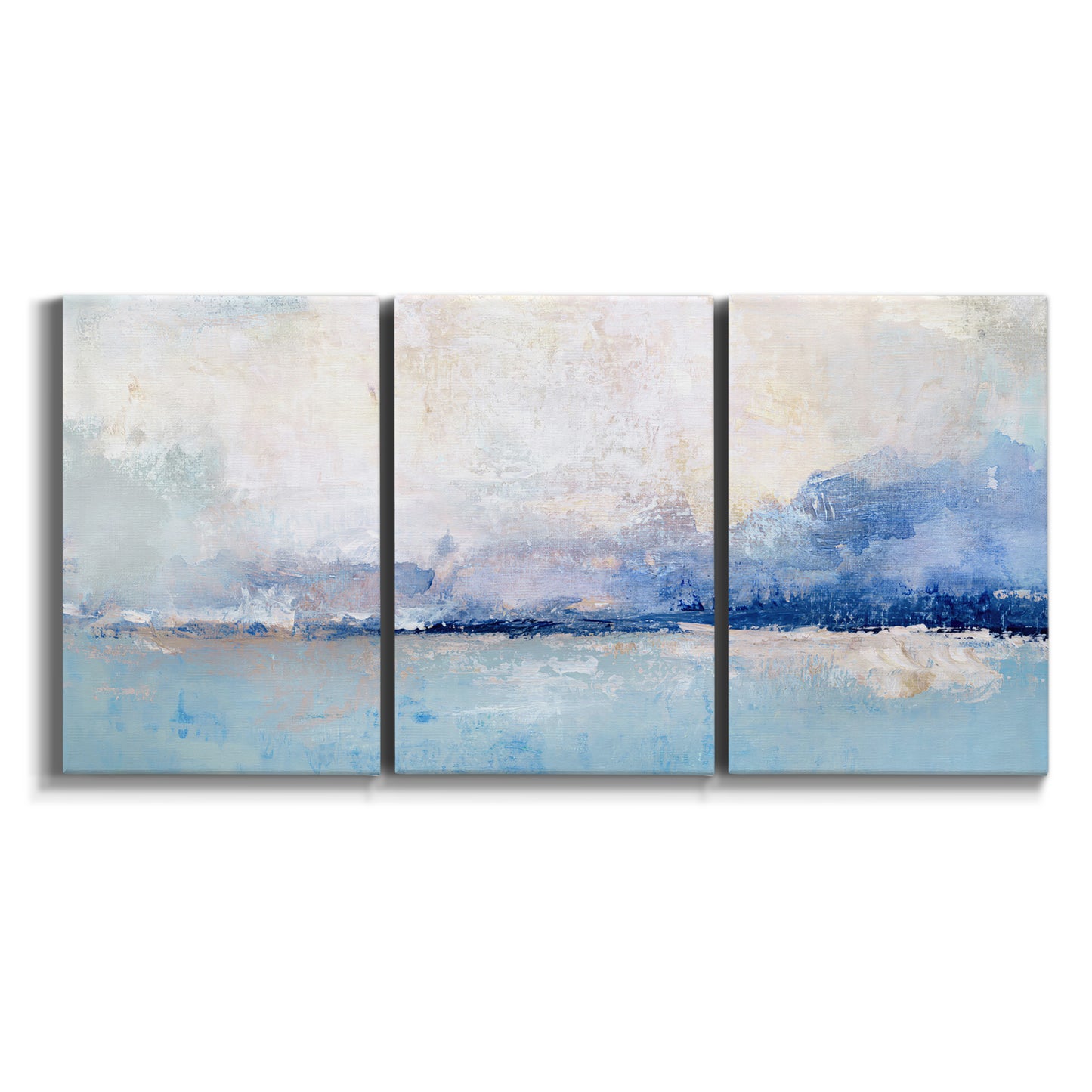 Three-panel canvas wall art featuring abstract bay with rhythmic forms on white background.