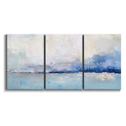 Three-panel canvas wall art featuring abstract bay with rhythmic forms on white background.
