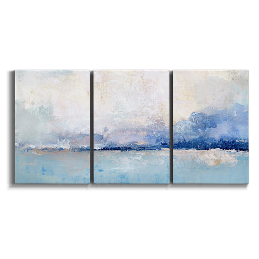 Three-panel canvas wall art featuring abstract bay with rhythmic forms on white background.