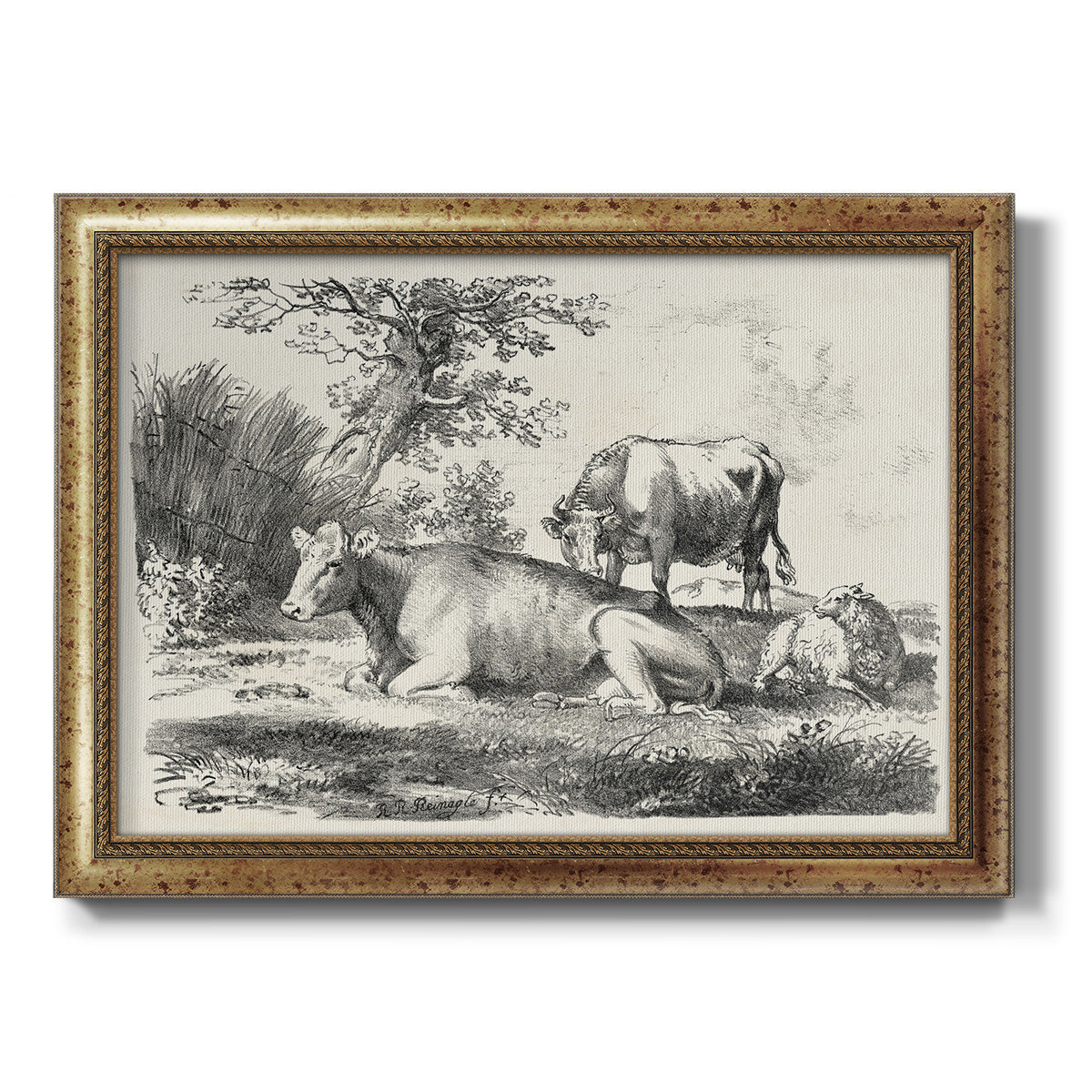 Classical pastoral landscape artwork by Nicolas Berchem printed on canvas in an ornate vintage gold frame.