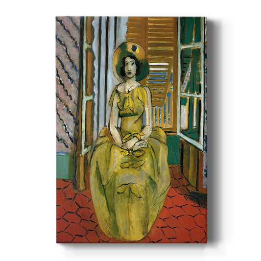 Canvas art print featuring a fauvist portrait of a woman in a yellow dress with bold interior colors on a clean white background.