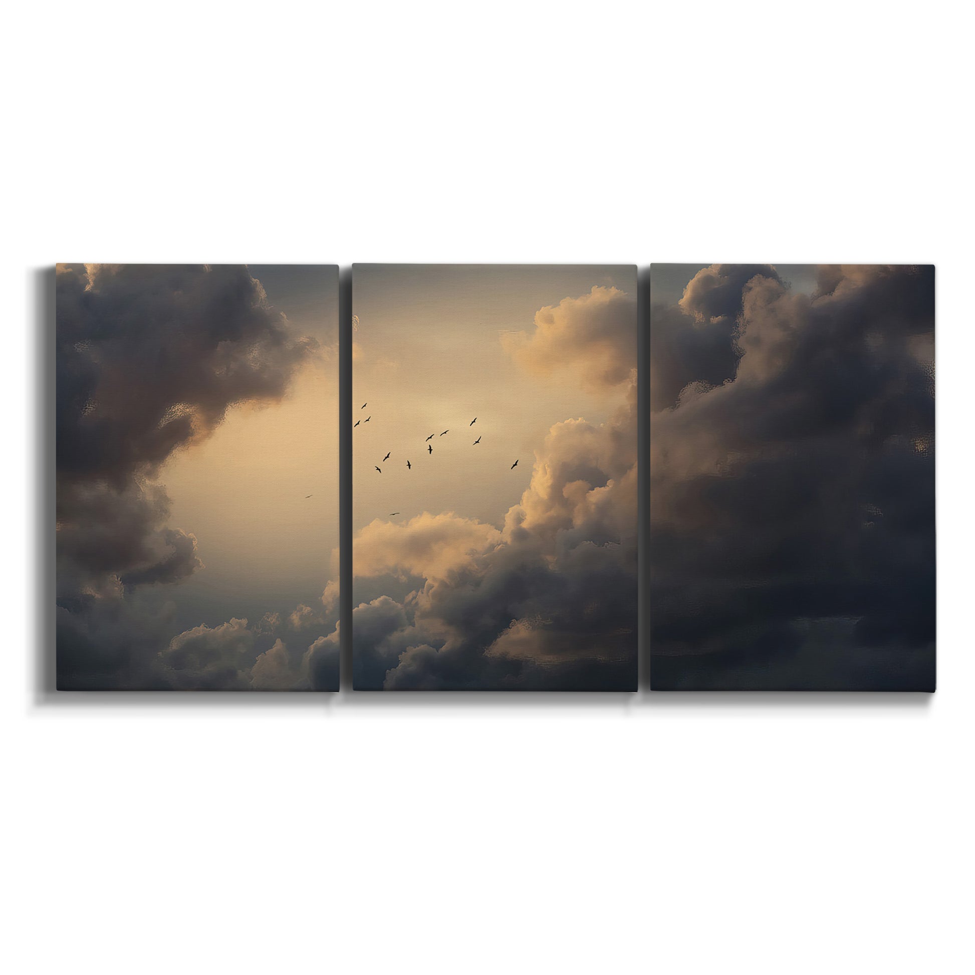 Three-panel canvas wall art featuring surreal floating figures above landscape on white background.