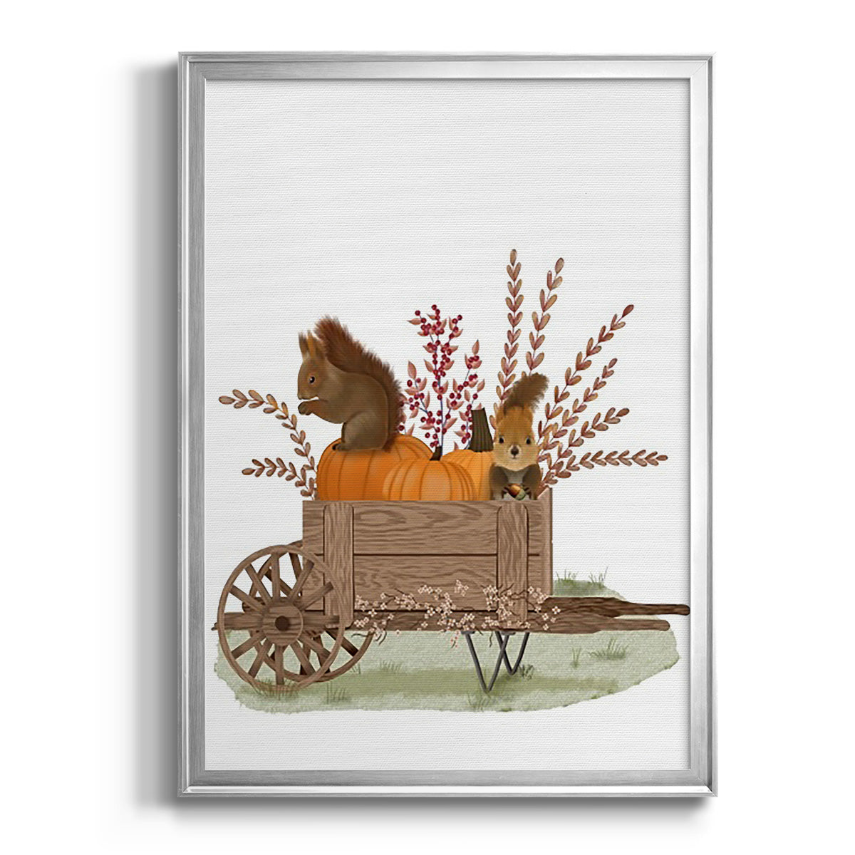 Squirrels In Pumpkin Wheelbarrow - Modern Framed Canvas Print