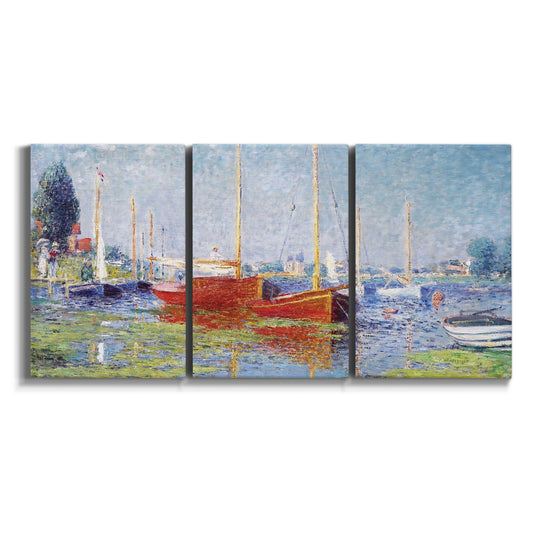 Three-panel canvas wall art featuring red boats moored along riverbank on white background.