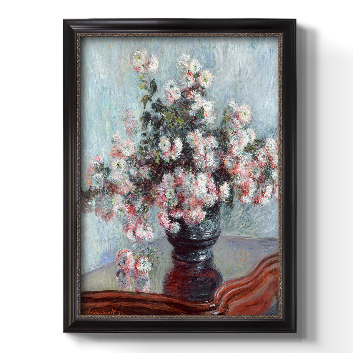 Impressionist chrysanthemum floral painting by Claude Monet printed on canvas in an ornate bronzed mahogany wood frame with a vertical orientation.