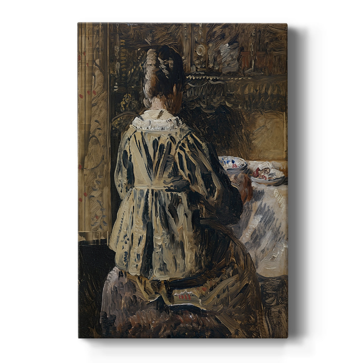 Canvas art print featuring a realistic interior scene of figures gathered around a table in warm light on a clean white background.