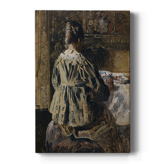 Canvas art print featuring a realistic interior scene of figures gathered around a table in warm light on a clean white background.