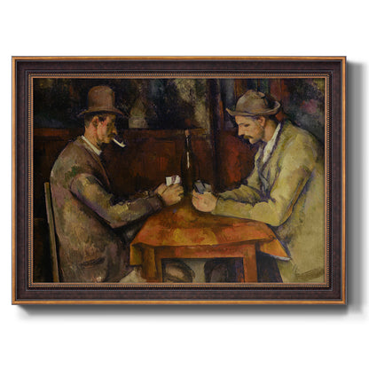 Post-impressionist genre scene of card players by Paul Cézanne printed on canvas in an ornate bronzed mahogany wood frame.